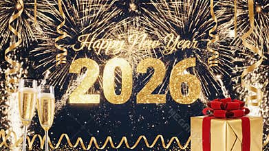 Celebratory new year 2026 display with fireworks and champagne