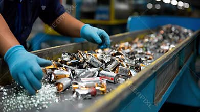 Medium shot of a technician sorting alkaline batteries for proper collection and ecofriendly waste management in a