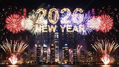 Fireworks display with the year 2026 and new year text above city skyline