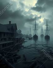 A darA medieval seaside harbor with wooden houes and abandoned docked ships, mysterious fog shrouded water