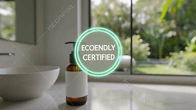 Natural Organic Cosmetic Bottle with Ecofriendly Certified Label in Bathroom