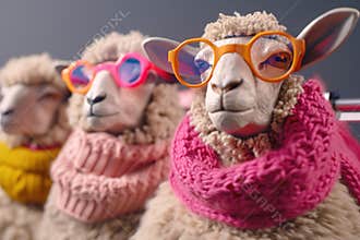 A group of sheep stands in a line wearing colorful glasses and scarves. They appear to be waiting for a roller activity at a farm