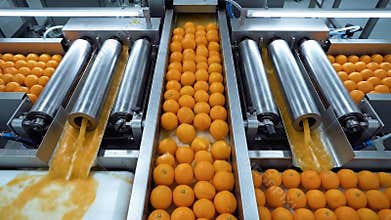 Automated Orange Juice Production Line Processing Fresh Citrus Fruits Through Industrial Machinery Creating Natural Refreshing