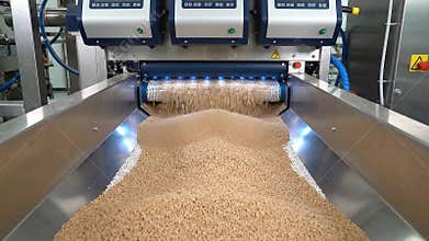 Automated Industrial Food Processing Machine Sorting Small Pellets with Digital Display and Blue LED Lights in a Clean Factory