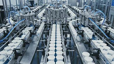 Automated Dairy Production Line Filling Yogurt Cups with Precision Engineering Industrial Machinery and Blue Hoses on a Conveyor