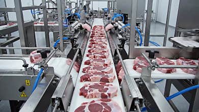 Industrial Meat Processing Conveyor System Showing Raw Red Meat Cuts in a Brightly Lit Modern Factory Facility
