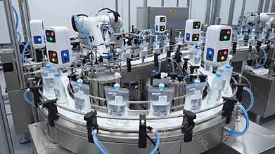 Automated Liquid Packaging Production Line Sterile Pharmaceutical Manufacturing Facility with Robotic Arms and High-Tech Equipment