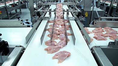 Industrial Poultry Processing Line Showing Raw Chicken Breasts Moving on Conveyor Belts Under Bright Factory Lighting