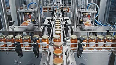 Automated Food Production Line Filling Jars with Tomato Sauce in a Modern Factory Setting