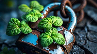 4K Close-Up of Bright Green Seedlings Growing From a Cracked Padlock