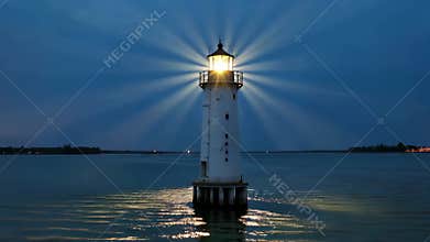 A lighthouse shining on the sea at night, Generative AI