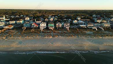 Aerial view of beach front homes in Oak Island, North Carolina