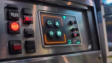 Hydraulic Liftgate Control Panel on a Chilled Food Delivery Vehicle with Illuminated Buttons and Stainless Steel Finish