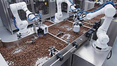 Automated Robotic Arms Carefully Sorting and Moving Chocolate Candies on a Gleaming Stainless Steel Conveyor Belt System in a