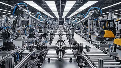 Automated Robotic Arms Performing Assembly Tasks on a Futuristic Production Line with Yellow Forklifts in Background and Bright