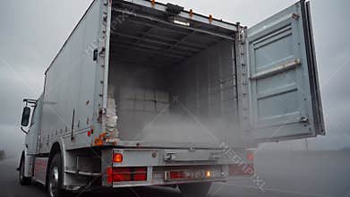 Chilled Seafood Transport Truck Driving on a Rural Road Under a Cloudy Overcast Sky with Rear Cargo Doors Open Releasing Fog