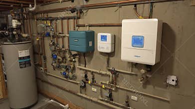 Medium shot of a utility room with sensorized water leak alarms installed near pipes and appliances for early warning