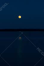 Night Shot of the full Hunter\'s moon as it rises above a forest on the riverbank