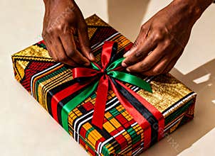 Hands tying a ribbon on a Kwanzaa gift wrapped in traditional African print fabric
