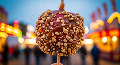 Delicious Caramel Apple Covered in Peanuts at a Blurry Carnival Night Fair