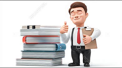 Man Stands Next to Stacks of Papers While Giving Thumbs up in an Office Setting During Daytime