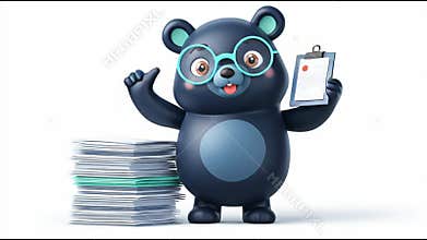 Cute Bear Character Shares Documents and Gestures in an Office Setting While Surrounded by Stacks of Papers During a