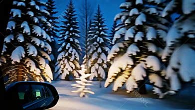 Fast Motion View from Car Window of Winter Forest on Christmas Night Seamless Loop 4K