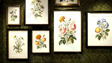 A Vintage Botanical Gallery Wall of Framed Flower and Fruit Illustrations