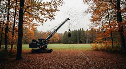 Crane in Autumn Forest Landscape with Fall Foliage