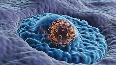 Close up of microscopic view of viral particles infecting cells with textured purple and blue organic biological structures and