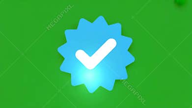Blue starburst badge with white checkmark verified