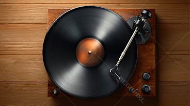 Vintage Vinyl Record Player Spinning LP on Wooden Table, Retro Music Entertainment