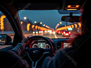 Couple on Night Road Trip, Driving Through City Lights with GPS Navigation Screen