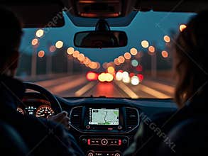 Couple on Night Road Trip, Driving Through City Lights with GPS Navigation Screen
