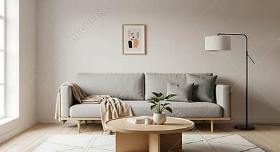 Minimalist Living Room Interior with Modern Sofa and Light Wood Furniture