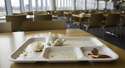 Empty Institutional Cafeteria Serving Tray After Meal with Leftover Bread and Grape