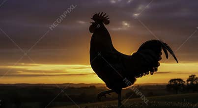 Striking Silhouette of a Rooster Against a Vibrant Sunrise or Sunset Sky