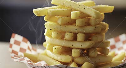 Hot Steaming Stack of Seasoned French Fries with Pepper in Red and White Container
