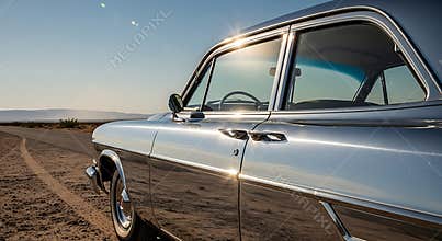 Reflective Vintage Sedan Chrome Detail on Desert Road at Sunset