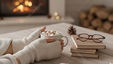 Woman's hands in knitted sweater holding a warm mug of hot chocolate with marshmallows by a cozy fireplace, enjoying winter