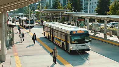 Buses and people at a transit station