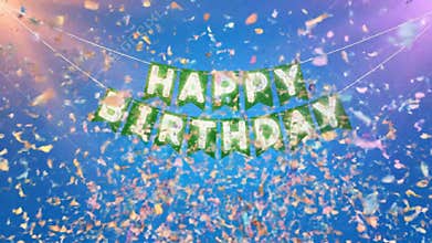 Colorful Confetti Falling Over \'Happy Birthday\' Banner During Celebration with Blue Lighting
