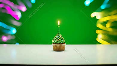Festive Cupcakes with Lit Candles and Confetti Explosion on Green Background for Celebration