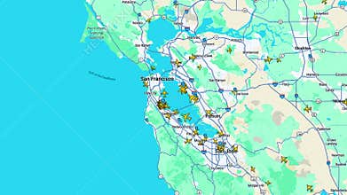Air traffic map over San Francisco Bay Area with multiple aircraft icons