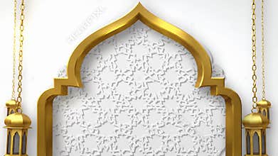 Elegant gold ornate architectural arch frame with symmetrical decorative corners and bright white background