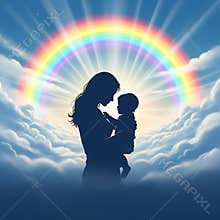 Silhouette of a loving mother holding a small child beneath a bright, ethereal rainbow