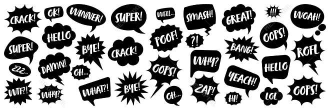 Grunge comic speech bubbles with handwritten text, brush strokes, ink smudges, acrylic stains or charcoal streaks. Hand