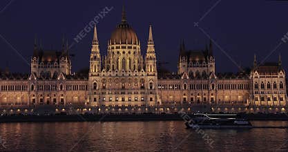 Budapest Parliament Building at Night, Tourist boat on the Danube