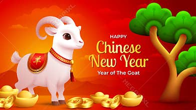 3D Chinese New Year Goat 2027 Banner with Gold Coins and ingots