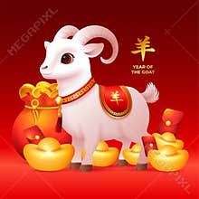 3D Chinese New Year Goat 2027 with Gold Coins and ingots